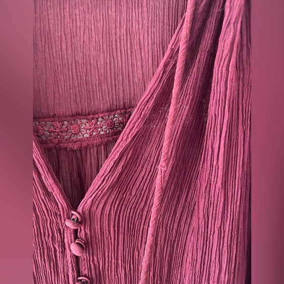 FREE PEOPLE Long Live Love Sheer Button-Down Blouse, Maroon Red - Picture 8 of 9